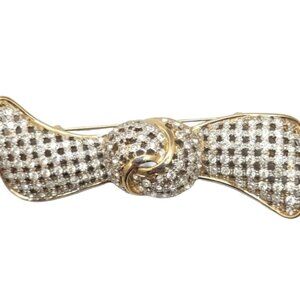 Vintage 1980s Signed Valentino Goldtone Clear Rhinestone Bow Brooch
